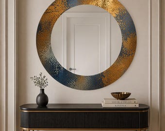 Abstract Gold Blue Round Mirror Wall Art, Modern Frameless Decor, UV PrintUV Printed Art