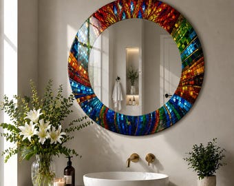 Colorful Mosaic Bathroom Mirror Wall Art, Stained Glass Vanity Mirror, Modern Makeup Mirror Decor, Rainbow Round MirrorUV Printed Art