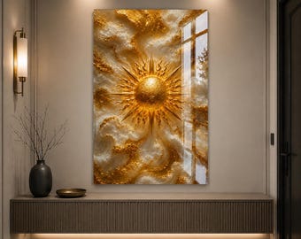 Golden Sun Glass Wall Art, Luxury Gold Abstract Artwork, Modern Celestial Wall Decor, Elegant Acrylic Glass PrintUV Printed Art