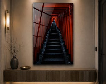 Japanese Temple Path Glass Wall Art, Kyoto Torii Gate Wall Decor, Zen Hallway Glass Art, Red Shrine Corridor PrintUV Printed Art
