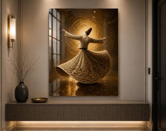 Whirling Dervish Glass Wall Art, Arabic Calligraphy Print, Gold Toned Islamic Wall Decor, Spiritual Sufi Artwork, Mystical Glass Art