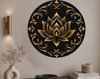 Black Gold Lotus Mandala Glass Wall Art, Spiritual Zen DecorUV Printed Art