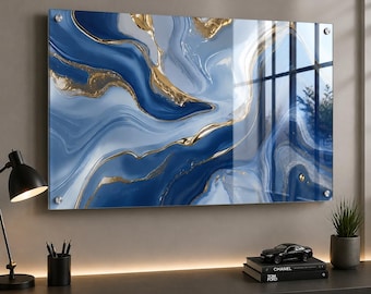 Blue Abstract Glass Wall Art, Navy Marble DecorUV Printed Art