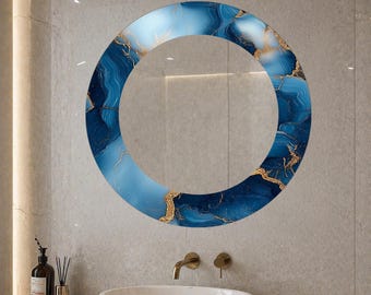 Blaues Goldmarmorglas-runde Spiegelkunst, rahmenlose Luxuswand-Dekor