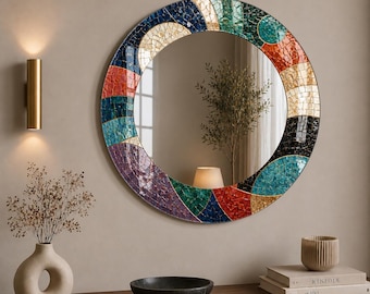 Colorful Mosaic Bathroom Mirror Wall Art, Modern Vanity Mirror Decor, Abstract Makeup Mirror, Boho Bathroom Mirror, Artistic Round Mirror