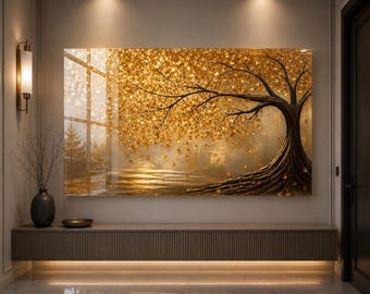 Golden Tree Glass Wall Art, Luxury Gold Nature Artwork, Elegant Acrylic Wall Decor, Modern Tree Of Life ArtUV Printed Art
