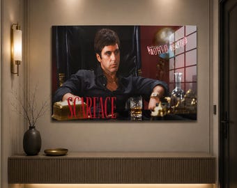 Scarface Movie Poster Glass Wall Art, Tony Montana Film Decor, Mafia Cinema PrintUV Printed Art
