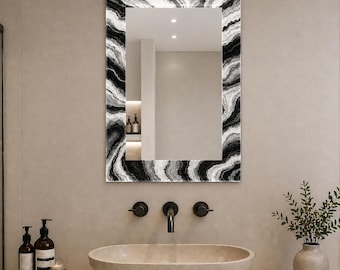 Black White Marble Mirror Wall Art, Luxury Bathroom Vanity Mirror, Modern Makeup Mirror Decor, UV PrintUV Printed Art
