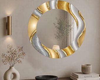 Modern Gold Silver Marble Glass Round Mirror Wall Art, Abstract Luxury Decor