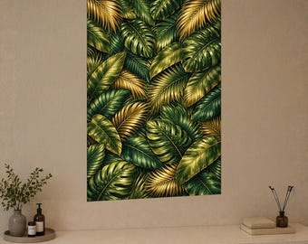 Tropical Leaves Glass Wall Art, Green Gold Botanical Decor, Modern Jungle Nature ArtworkUV Printed Art
