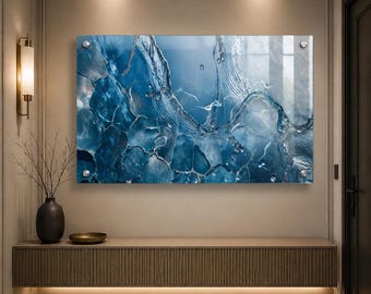 Blue Abstract Glass Wall Art, Ocean Inspired Glass Print, Modern Coastal Wall Decor, Luxury Water Texture ArtUV Printed Art