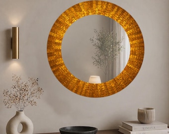 Gold Mosaic Round Mirror Wall Art, Modern Luxury Bathroom Decor, UV PrintUV Printed Art