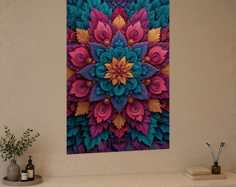 Colorful Mandala Glass Wall Art, Floral Geometric Decor, Boho Bathroom ArtUV Printed Art
