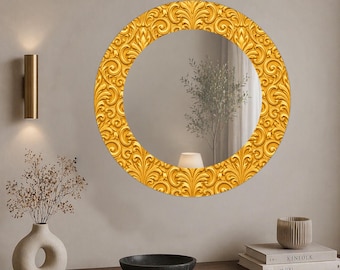 Gold Ornate Round Mirror Wall Art, Luxury Baroque Bathroom Mirror, Vintage Vanity Mirror DecorUV Printed Art