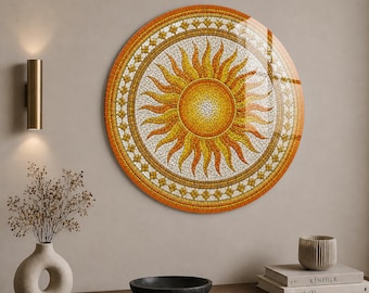 Sun Mosaic Glass Wall Art, Boho Sunburst Wall Decor, Celestial Mandala Artwork, Bright Orange Yellow Wall ArtUV Printed Art