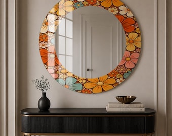 Retro Floral Round Mirror, Boho Flower Frame, Vintage Wall Decor, UV Printed Accent, UV PrintUV Printed Art