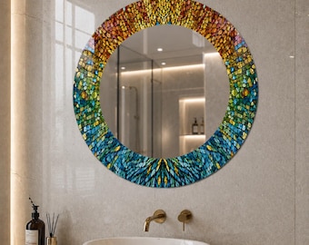 Colorful Mosaic Bathroom Mirror Wall Art, Stained Glass Vanity Mirror, Modern Makeup Mirror Decor, Rainbow Round MirrorUV Printed Art