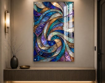 Abstract Blue Purple Glass Wall Art, Modern Stained Glass Artwork, Luxury Acrylic Wall DecorUV Printed Art