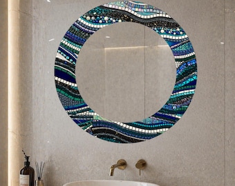 Blue Mosaic Mirror Wall Art, Coastal Wave Mirror Decor, Ocean Inspired Wall Mirror, Modern Bathroom Mirror, Abstract Glass Tile Decor