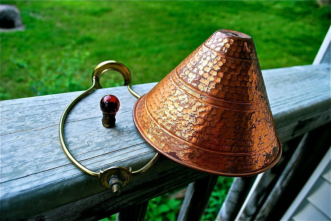 Hammered Copper Lamp Shade with Chilo Harp and Orange Glass Etsy