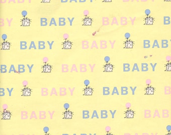 Vintage Baby Shower Wrapping Paper Sandra Boynton Cat With Balloon Yellow Pink Blue 30" x 20"