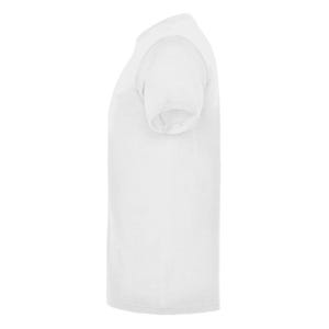 May include: A plain white short-sleeved t-shirt. The shirt is made of a soft, opaque material. The t-shirt has a crew neck and short sleeves. The garment is viewed from the side.