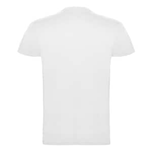 May include: A plain white t-shirt with a crew neck and short sleeves. The back of the shirt is visible, showing the simple design and clean lines of the garment. The shirt is made of a smooth, opaque fabric.