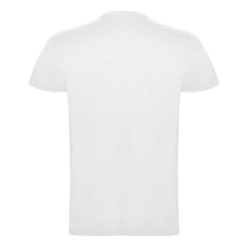 May include: A plain white t-shirt with a crew neck and short sleeves. The back of the shirt is visible, showing the simple design and clean lines of the garment. The shirt is made of a smooth, opaque fabric.