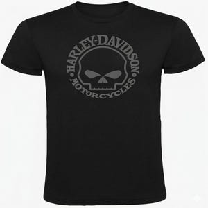 May include: Black t-shirt featuring a gray Harley-Davidson Motorcycles logo. The logo is a skull within a circular design, with the brand name and "Motorcycles" encircling the skull. The shirt has short sleeves and a crew neck.
