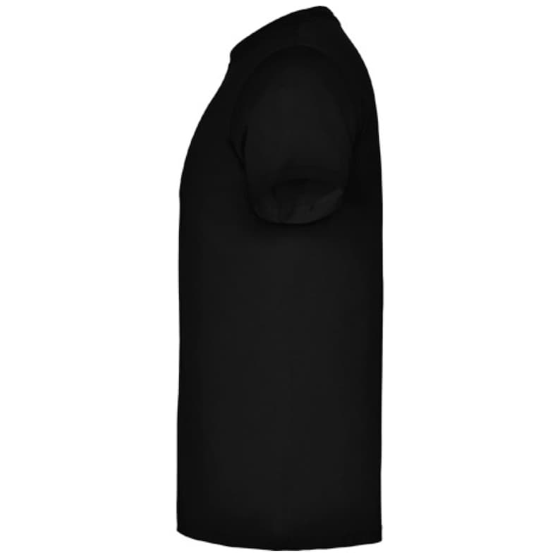 May include: Solid black short-sleeved t-shirt. The shirt has a crew neck and a classic, casual design. The fabric appears to be a soft, comfortable material, suitable for everyday wear. The image shows the side profile of the shirt.