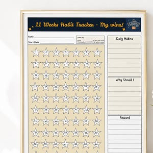 May include: An 11-week habit tracker printable sheet featuring a dark blue header with the text 11 Weeks Habit Tracker - My wins!, a grid of 77 numbered stars on a beige background, sections for daily habits, goals, rewards, and a report card.