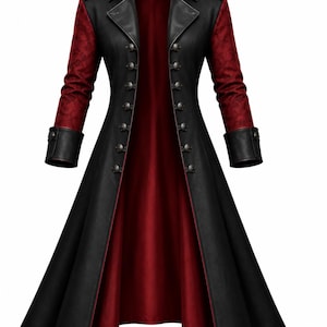 May include: A long coat featuring a black bodice and skirt with a deep red interior lining. The sleeves are a textured red fabric with black cuffs. The front closure includes two rows of silver-toned buttons, a wide collar, and red piping.
