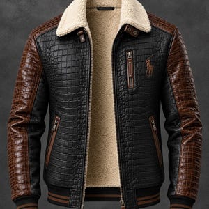 May include: A black and brown jacket with a crocodile-embossed texture, featuring a cream-colored sherpa collar and lining. The jacket has a front zipper closure, two side pockets, a chest pocket, and a brown embroidered logo on the left chest.
