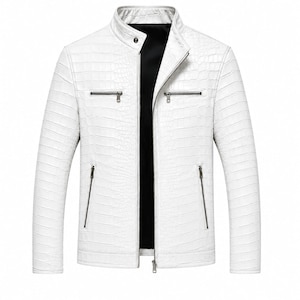Witte heren bikerjack met krokodillenreliëf, luxe motorstijl, mode met ritssluiting