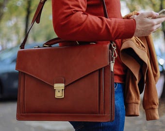Vollnarbenleder Aktentasche Messenger Bag: Vintage Style, Messing-Hardwares, Laptop Tragetasche