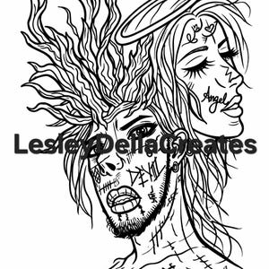 May include: Black and white illustration of two faces, one male and one female, side-by-side. The male face has a beard, tattoos, and a fiery hair design. The female face has a halo, closed eyes, and the word "Angel" tattooed on her face. The text "Lesley Della Creates" is also present.
