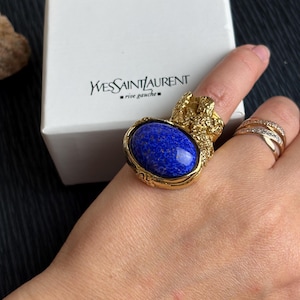 Vintage Yves Saint Laurent Arty Ring, Blue Cabochon Statement Ring, Signed YSL Designer Jewelry, Collectible Fashion Ring