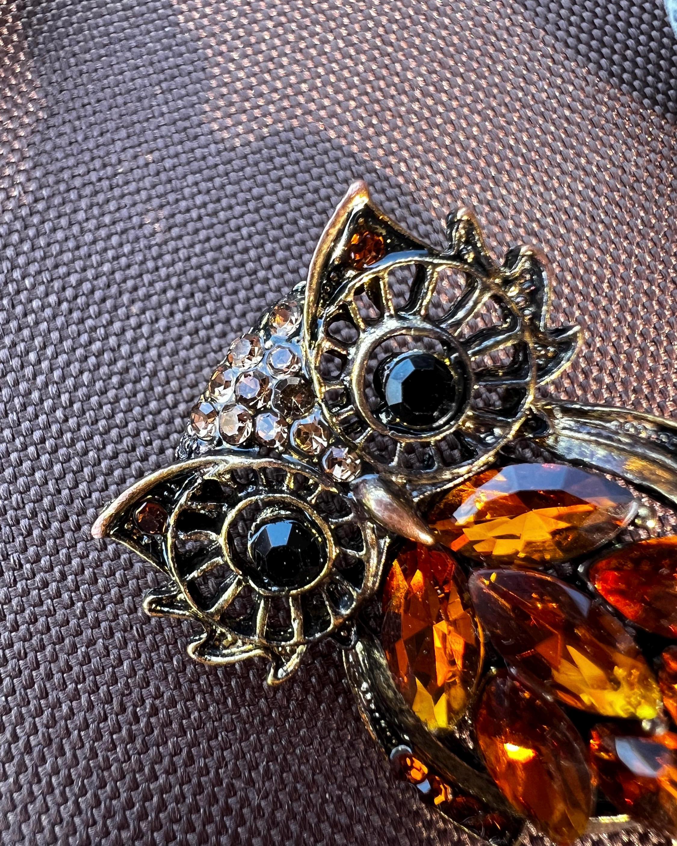 Vintage Owl Brooch, Amber Rhinestone, Bronze Tone, Statement Owl Pin, Unique Animal Brooch, Gift for