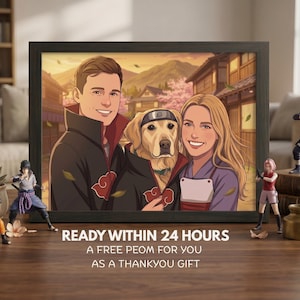 May include: A framed portrait featuring a couple and a dog, styled in an anime aesthetic, set against a Japanese village backdrop. The frame is black. Text at the bottom reads: READY WITHIN 24 HOURS, A FREE PEOM FOR YOU AS A THANKYOU GIFT.