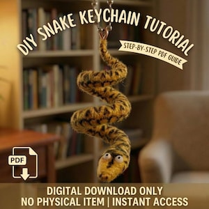 May include: A handmade yellow and black snake keychain with a detailed pattern, hanging from a metal ring. The image includes text that reads "DIY Snake Keychain Tutorial" and "Step-by-Step PDF Guide". The bottom of the image says "Digital Download Only".