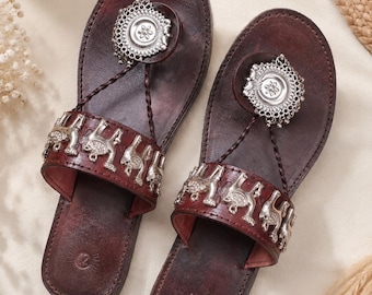 Handcrafted Brown Leather Boho Sandals for Women | Ethnic Silver Elephant Flat Slippers