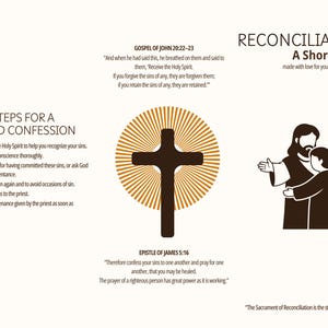 Peut inclure: Un guide crème intitulé "Réconciliation : Un guide court" avec du texte et des illustrations. Le guide comprend une croix, une représentation de Jésus avec un enfant et les étapes de la confession. Des versets bibliques sont également inclus.