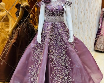 Purple Designer Heavy Embroidered Gown with Floral Detail for Wedding & Party Wear