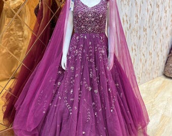 Purple Designer Heavy Net Gown with Embroidery for Wedding & Party Wear