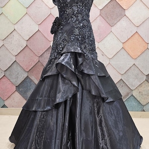 fish cut dresses Navy Blue Fish Cut Embroidered Gown