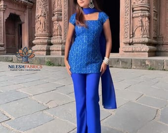 Conjunto de kurta azul marino de georgette sintético con pantalones acampanados y dupatta / Traje étnico de fiesta para mujer