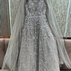 grey net dress Pastel Grey Net Gown