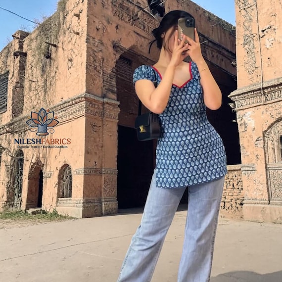 Blue Printed Rayon Kurti for Women | Stylish Casual & Daily Wear Short Kurti Top