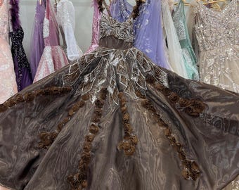 Luxurious Coffee Brown Designer Gown with 3D Floral & Sequin Embellishments