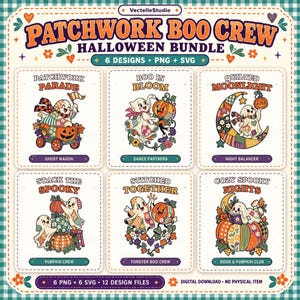 Halloween-Patchwork-Geister-Bundle, SVG & PNG, niedliche Kürbis-Cliparts, Geister im Quilt-Stil, florale Halloween-Shirt-Designs, gemütliche Herbstgrafiken